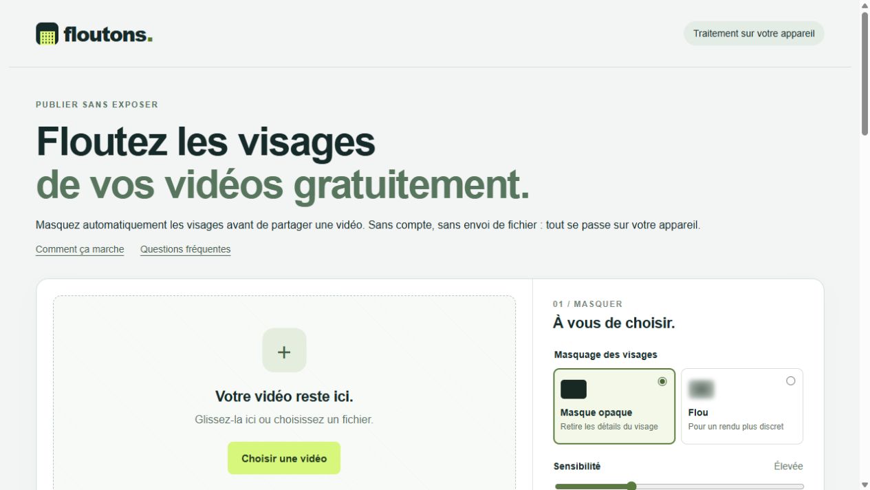 Aperçu réel du site Floutons, outil de masquage des visages dans les vidéos