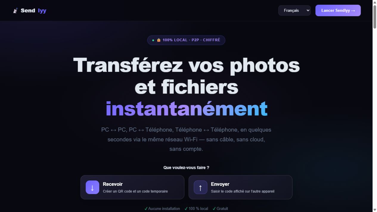 Aperçu réel du site Sendlyy, application de transfert de fichiers